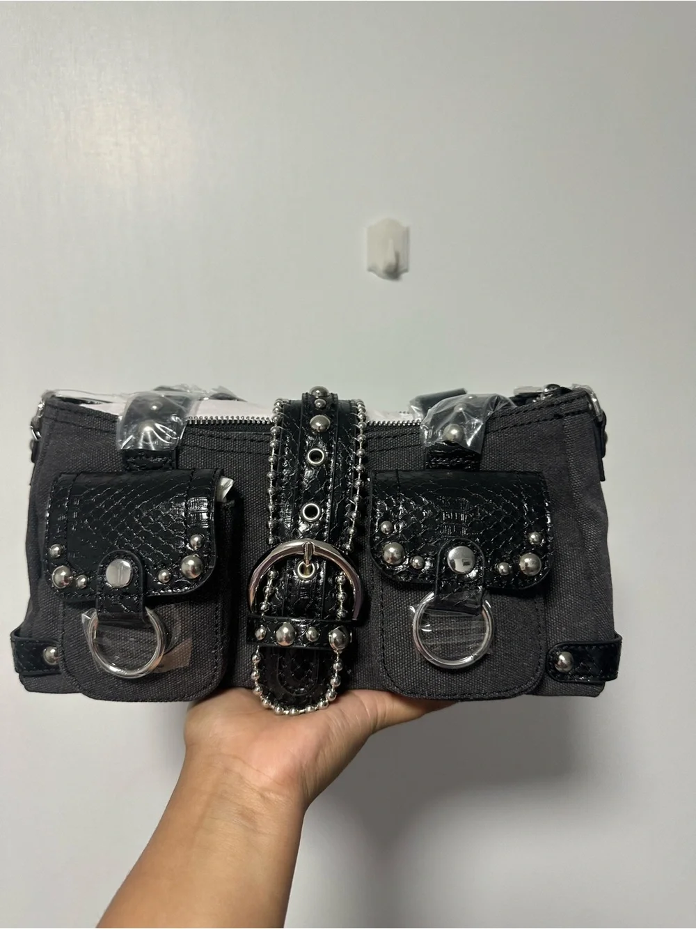 Black Canvas Shoulder Bag with Studded Buckle
